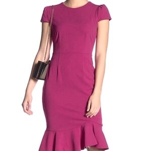 NEW! BETSEY JOHNSON Cap Sleeve Crepe Ruffle Hem Sheath Dress Stretch Fushia 2.
